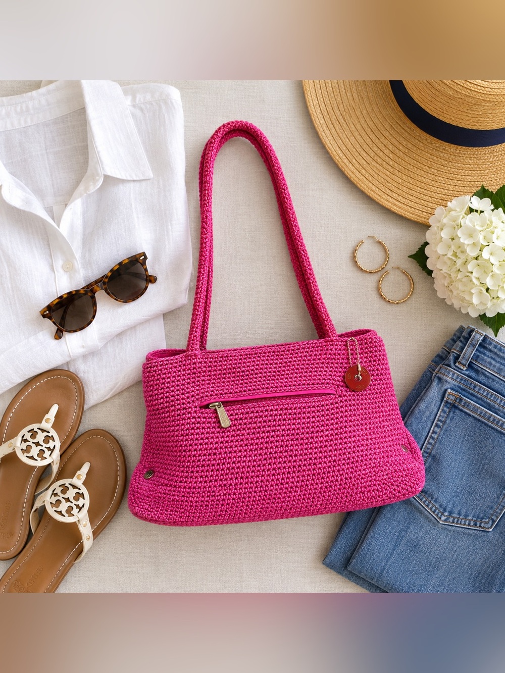 The Sak Pink Crochet Shoulder Bag Purse Zip Pocket Boho